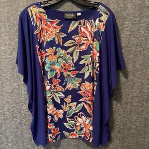Bob Mackie Wearable‎ Art Top Blouse Women Large Blue Floral Poncho Style Slinky